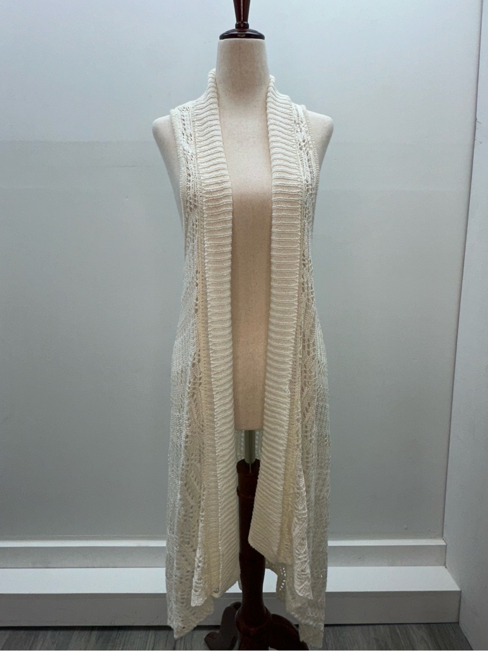 ARIAT Cream Crochet Knit Duster Vest Long Open Front Sleeveless Cardigan L Boho